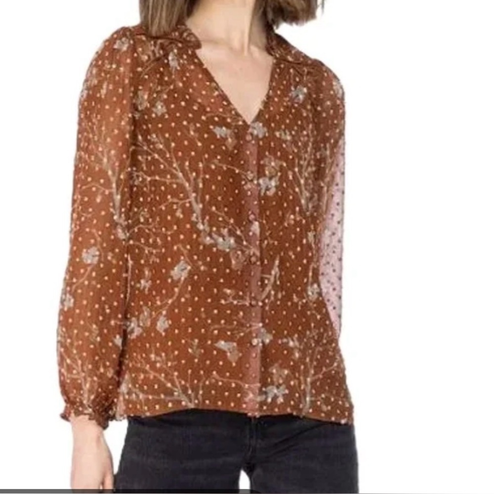 bobeau Rust Brown Floral Dot V-Neck Long Sleeve Blouse